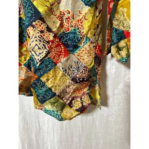 Robert Stock 100% Silk Button Up Small Colorful Geometric Floral Patchwork 90s - Picture 3 of 12
